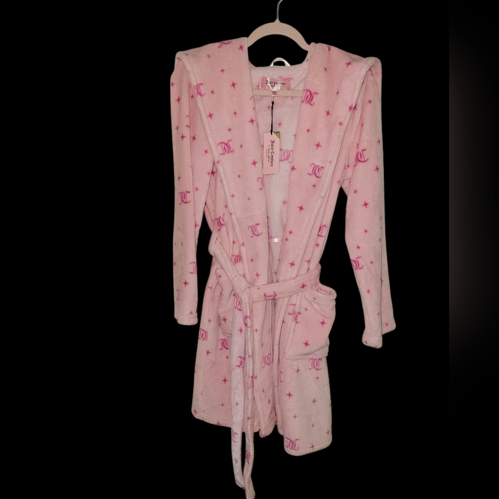 Juicy Couture Plush Robe,Hooded, Pockets, Pink Stars JC, S/M, NWT